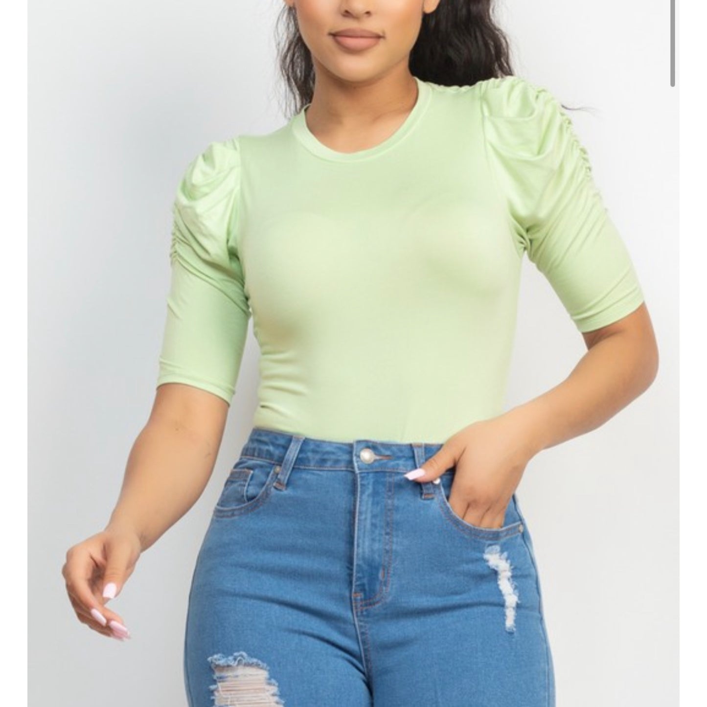 Round Neck Puff Ruched Sleeve Top