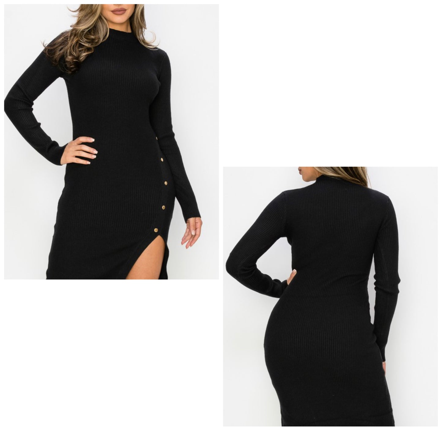 Button Trim Side Slit Mock Dress