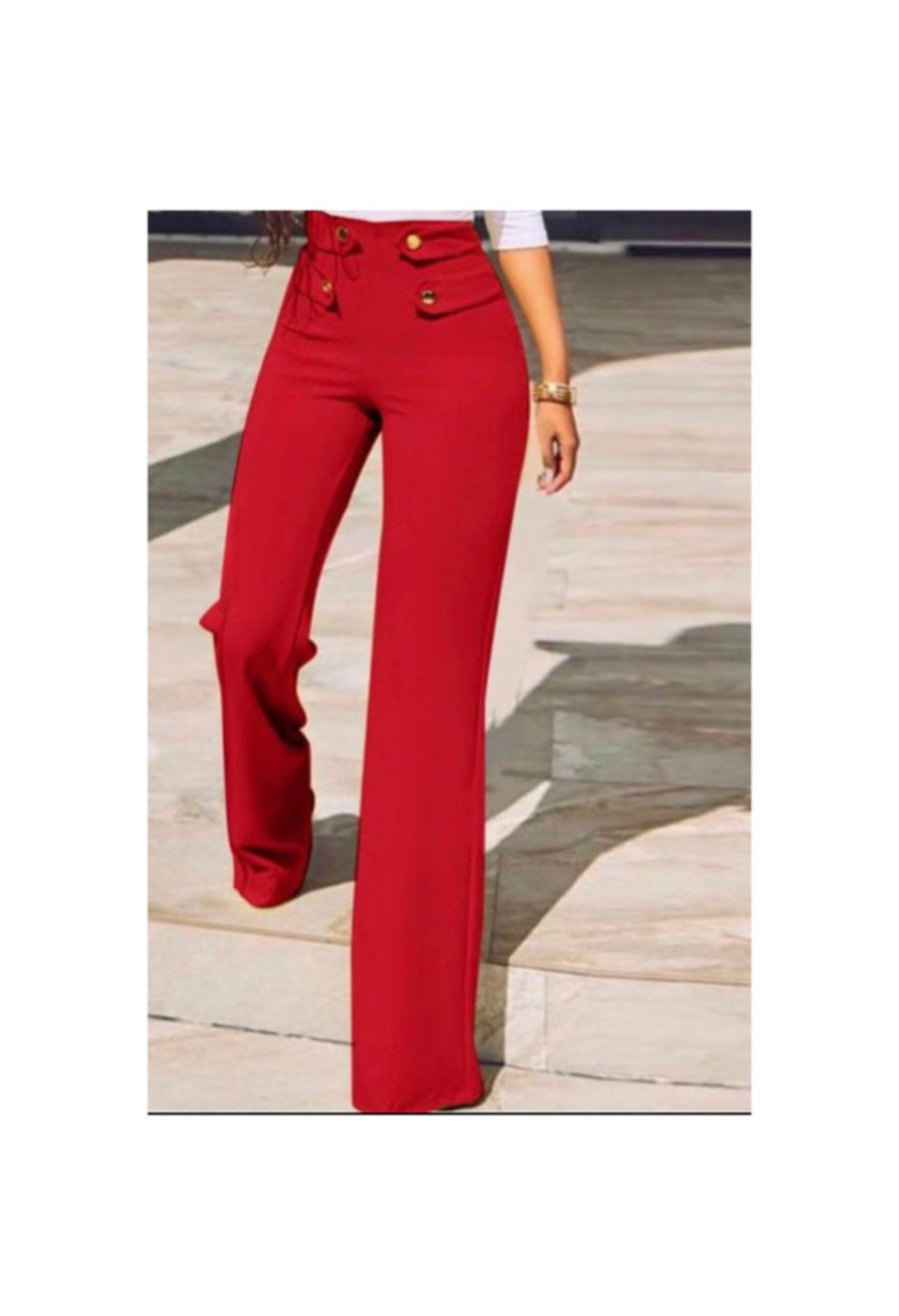 Solid High waist button detail long pants