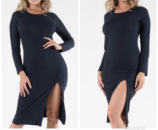 Black Lady's Slit Hem Bodycon Dress with Princess Seams