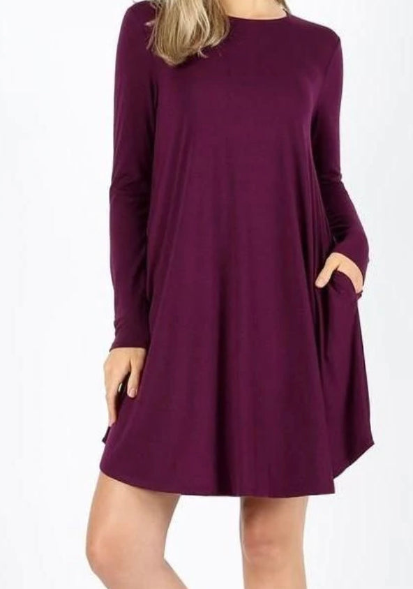 LONG SLEEVE FLARE DRESS WITH POCKETS Dark Plum