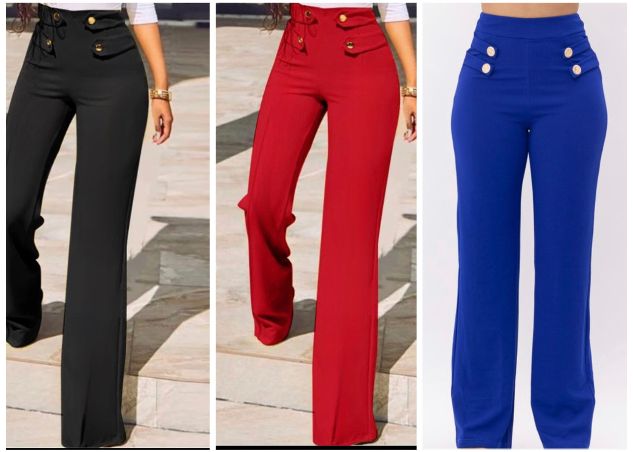 Solid High waist button detail long pants