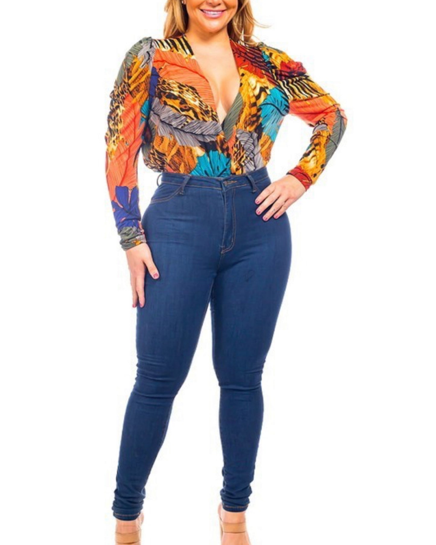 PLUS SIZE LEOPARD-LEAF SURPLICE BODYSUIT