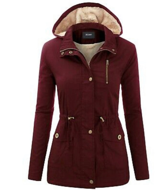 Mulberry Faux fur- lined Casual Military Hooded Anoraks Safari Jacket with Drawstring