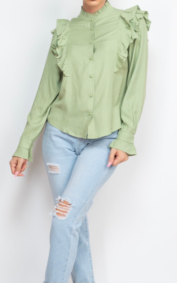 Light Sage Curved Hem Solid Ruffled Top