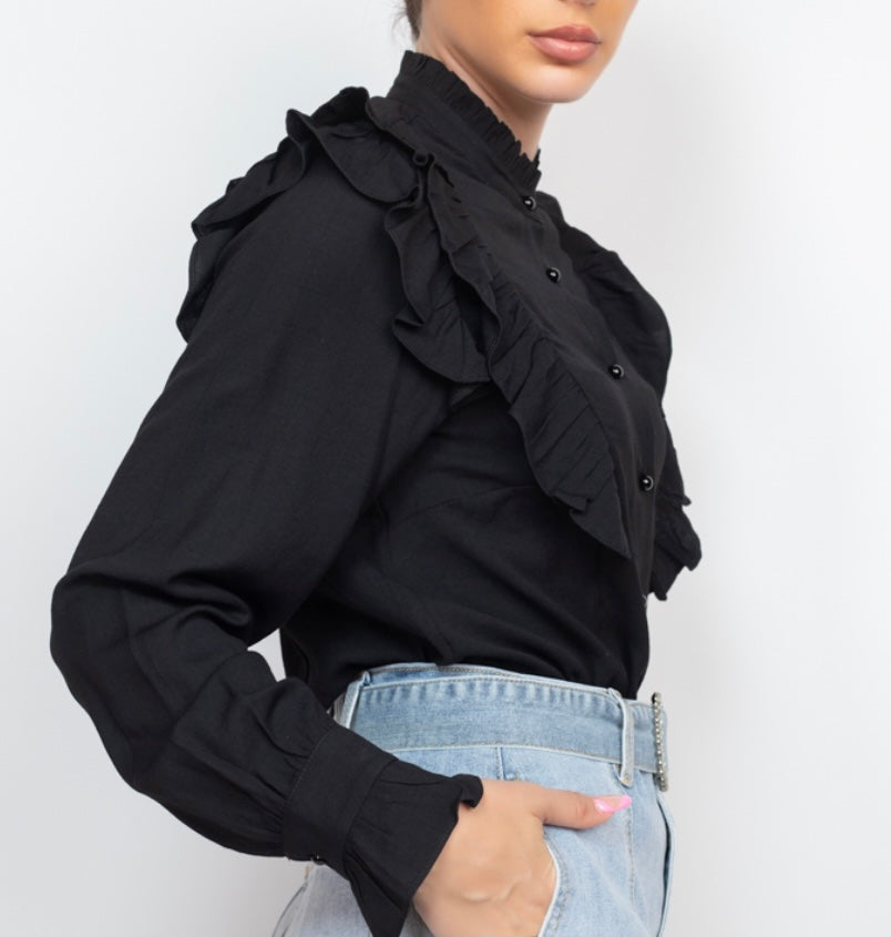 Black Curved Hem Solid Ruffled Top