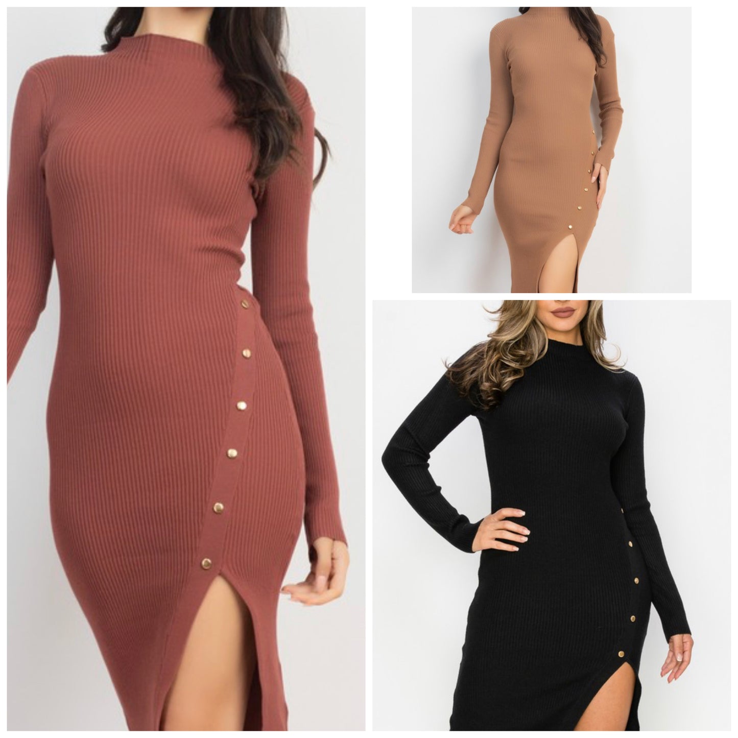 Button Trim Side Slit Mock Dress