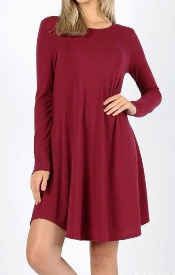 LONG SLEEVE FLARE DRESS WITH POCKETS  Cabernet