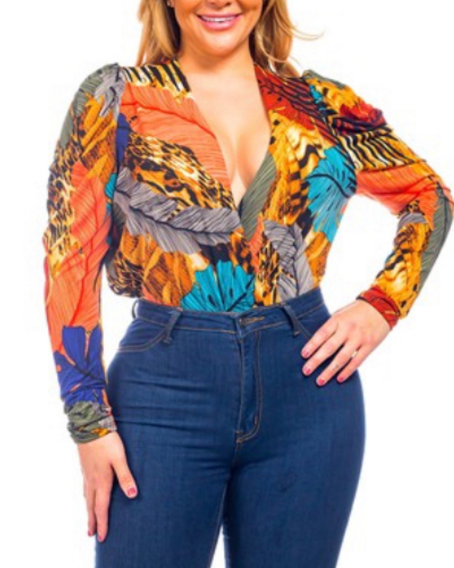 PLUS SIZE LEOPARD-LEAF SURPLICE BODYSUIT