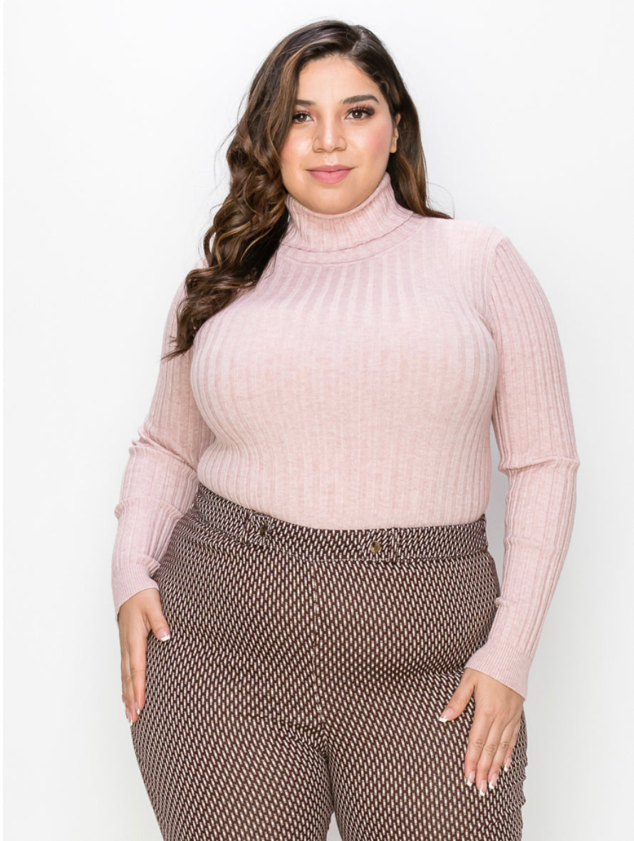 Plus Size Pink Ribbed Turtle Neck Sweater Top