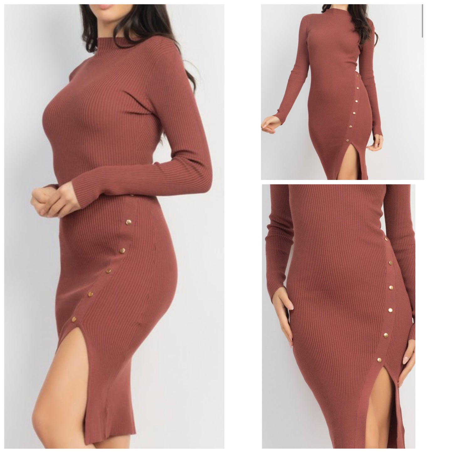 Button Trim Side Slit Mock Dress