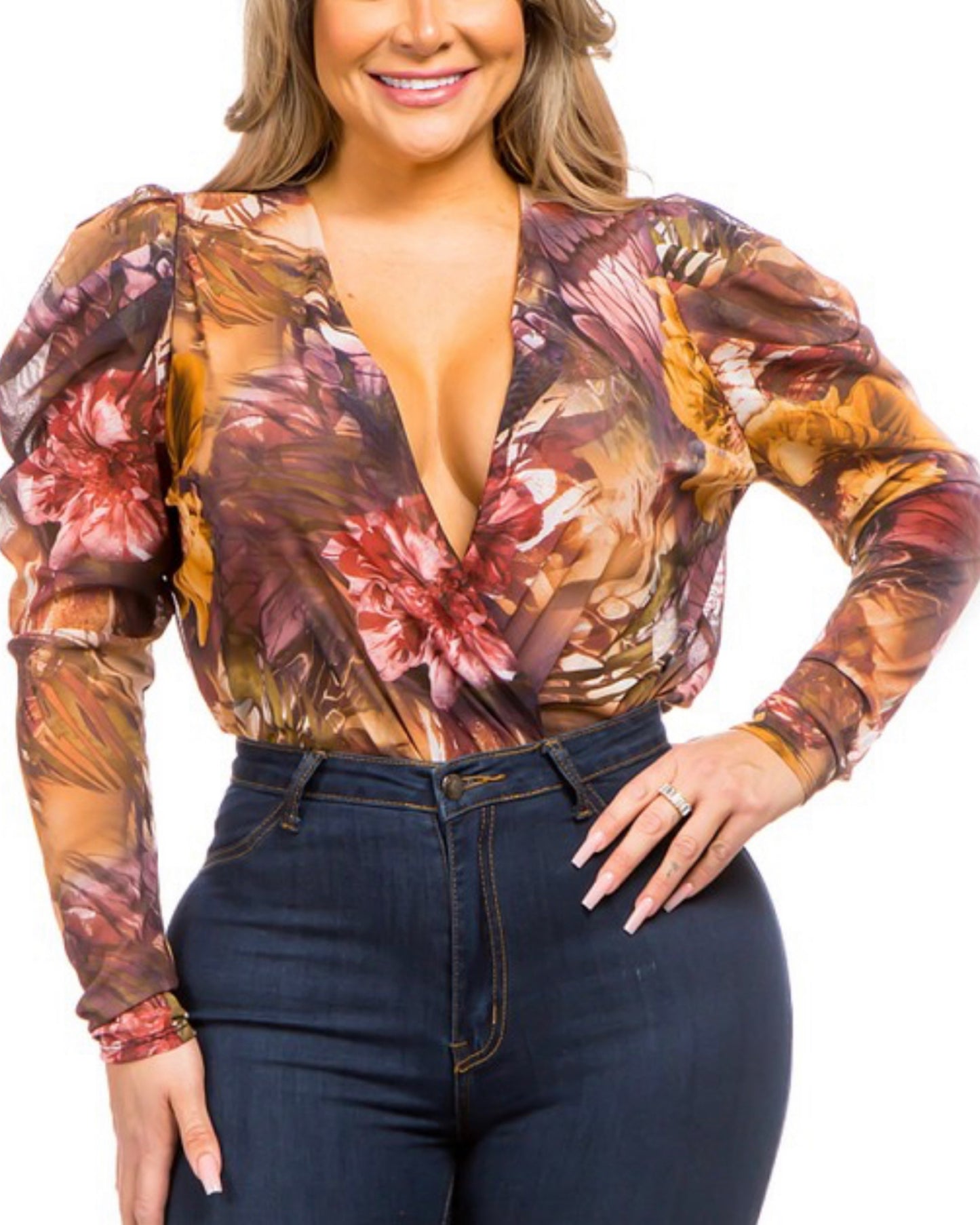 PLUS SIZE SHEER & MESH FLORAL PRINT SURPLICE BODYSUIT