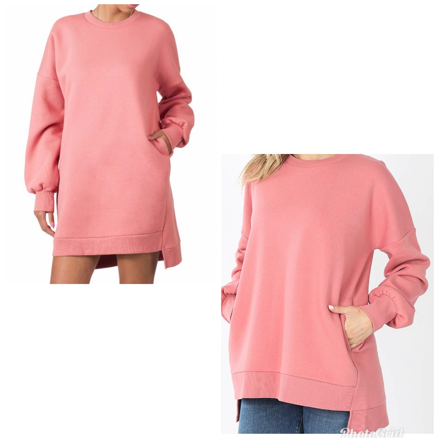 Dusty Rose Round Neck Hi-Low Hem Longline Sweatshirt