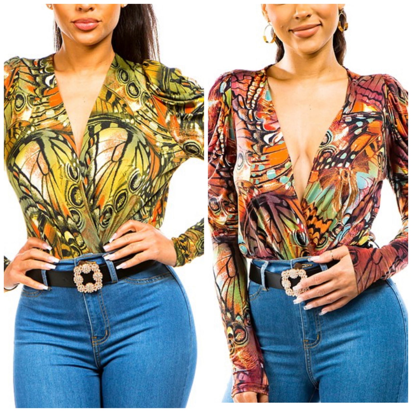 BUTTERFLY WING PRINT SURPLICE BODYSUIT