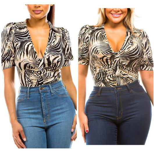 PLUS ZEBRA PATTERN & RUCHED COLLARED BODYSUIT