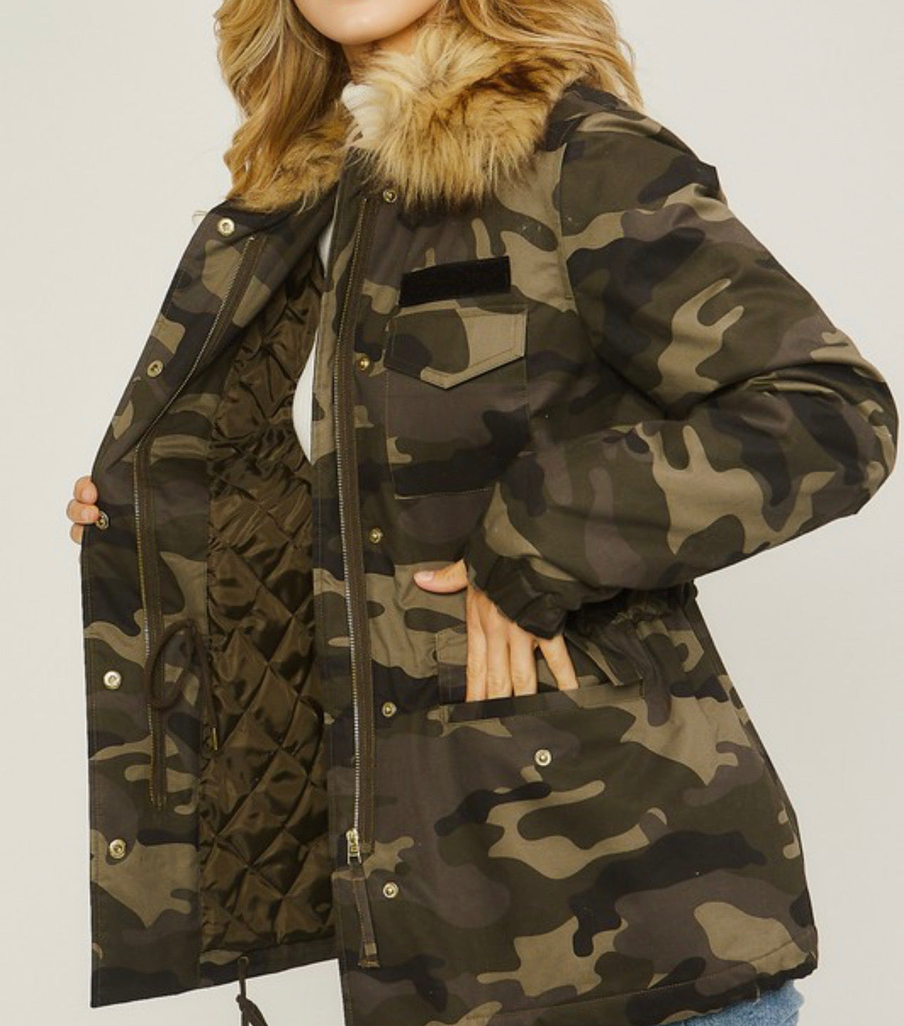 Camo Faux Fur Utility Anorak Jacket