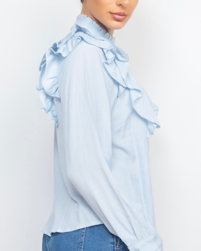 Light Blue Curved Hem Solid Ruffled Top