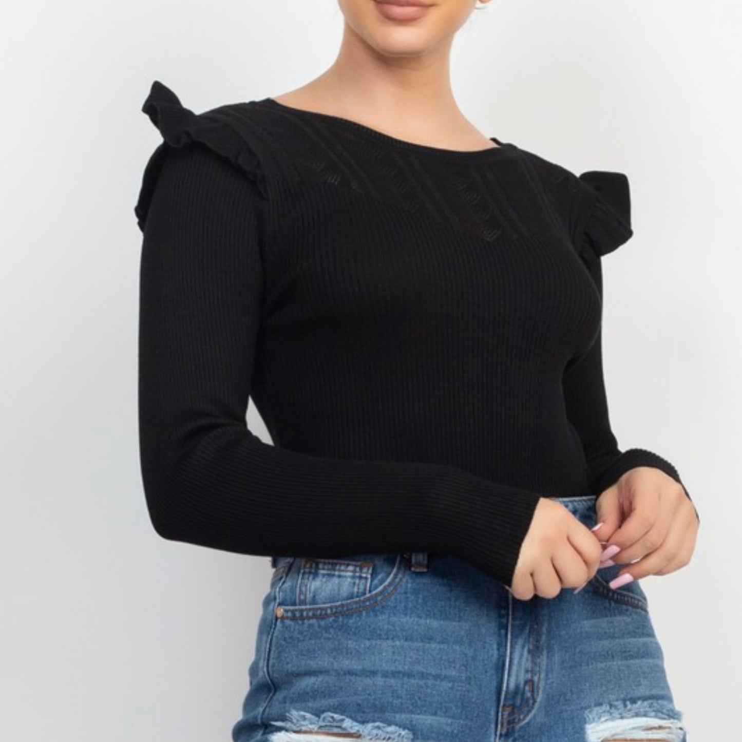 Ruffled Crew Neck Sweater Top