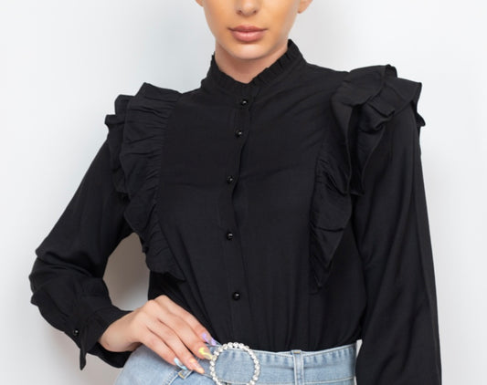 Black Curved Hem Solid Ruffled Top