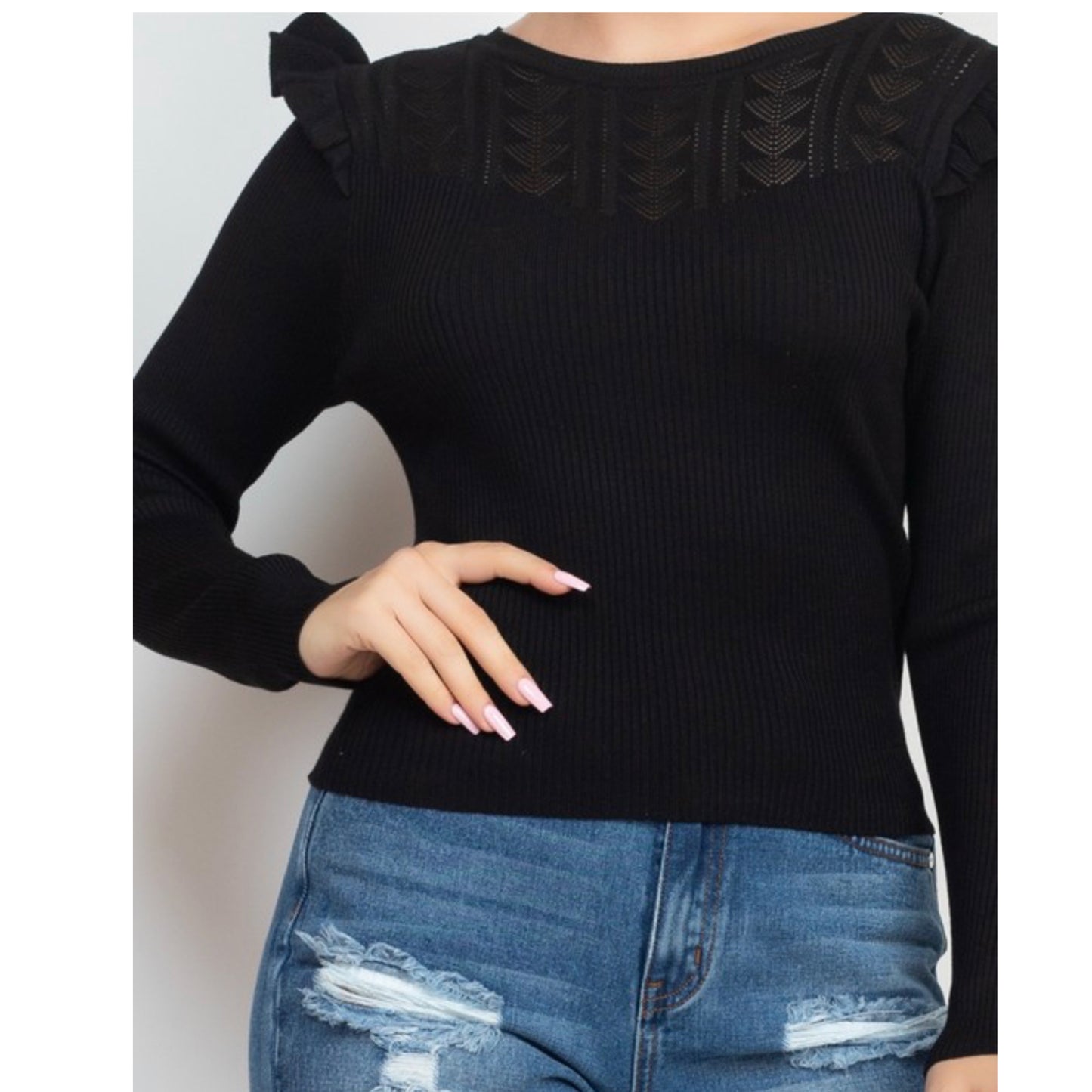 Ruffled Crew Neck Sweater Top