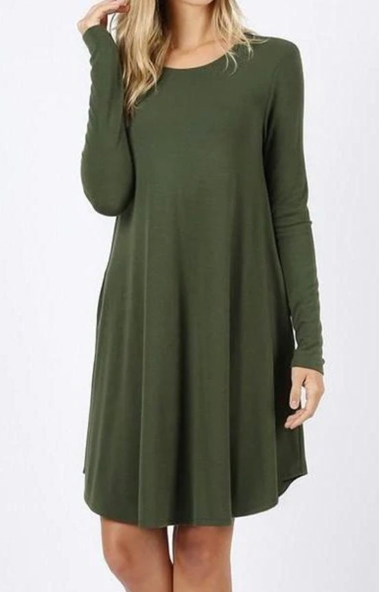 LONG SLEEVE FLARE DRESS WITH POCKETS Army Green