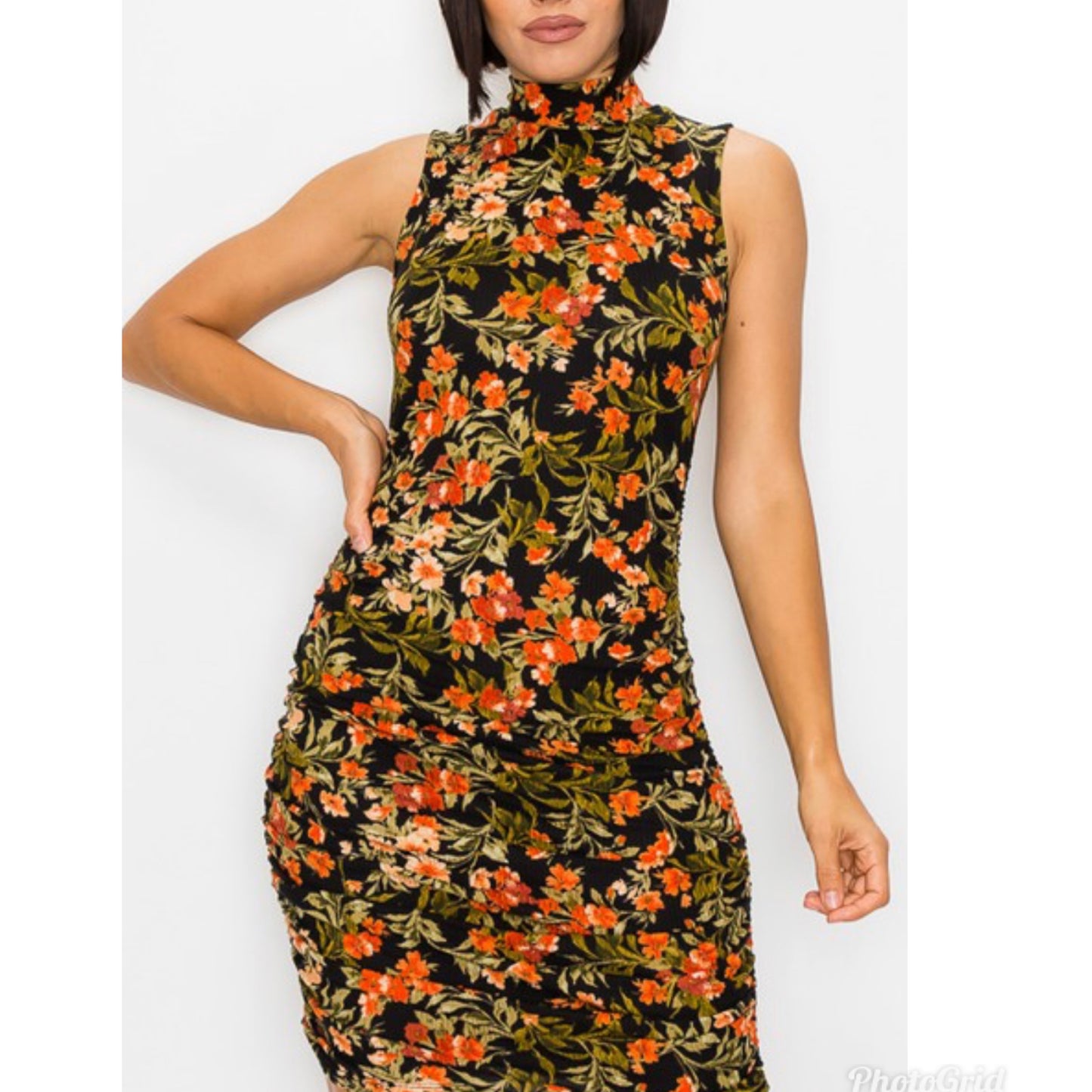 Floral (Orange/Green) Midi Dress