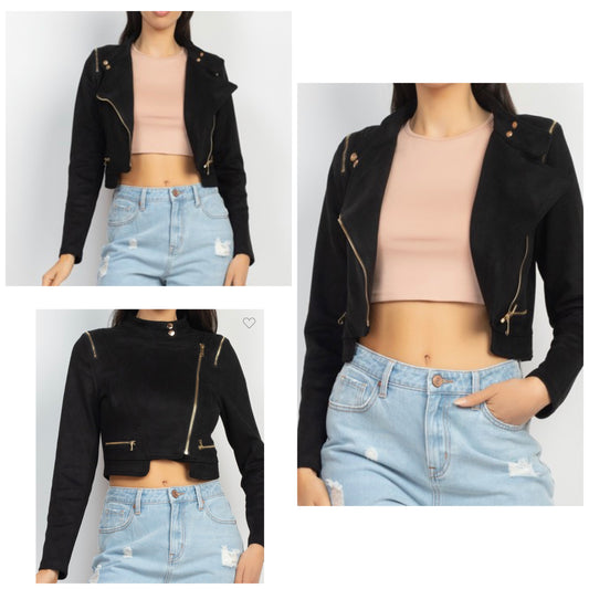 Suede Zippered Mock Neck Biker Jacket