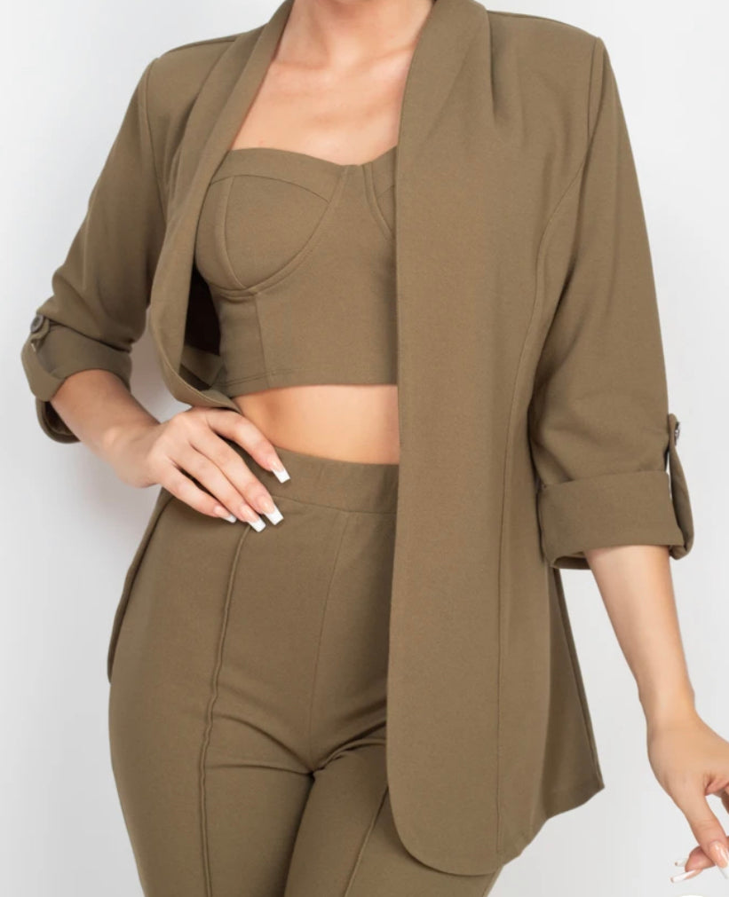 Light Olive - All Around Blazer Pants Set with Crop Top