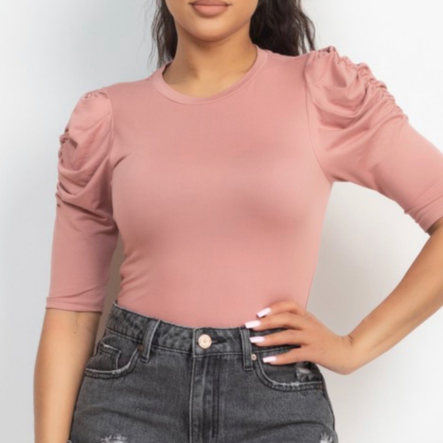 Round Neck Puff Ruched Sleeve Top