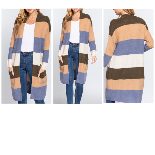 OPEN FRONT COLOR BLOCK CARDIGAN