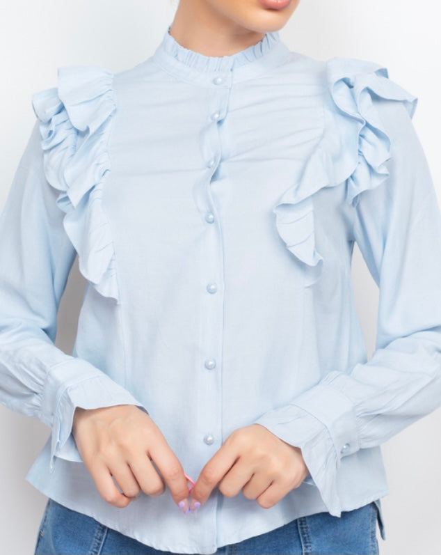 Light Blue Curved Hem Solid Ruffled Top