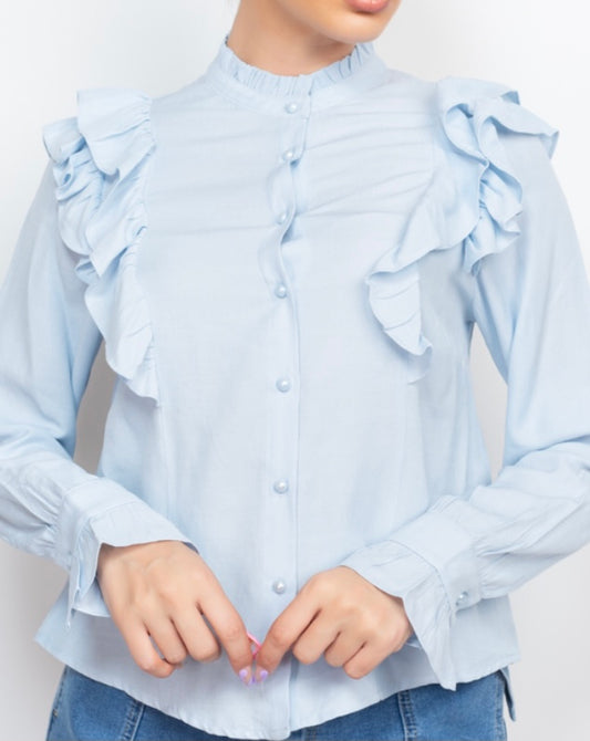 Light Blue Curved Hem Solid Ruffled Top