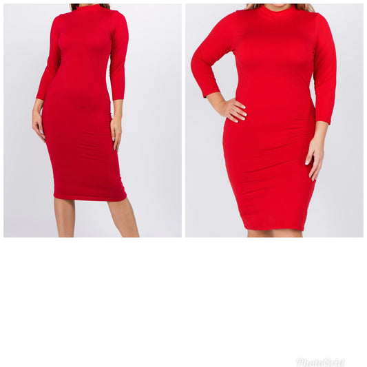 Red Women's Mock Neck Midi Dress