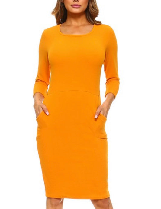 Lady's Kangaroo Pocket Solid Bodycon Dress - Mustard