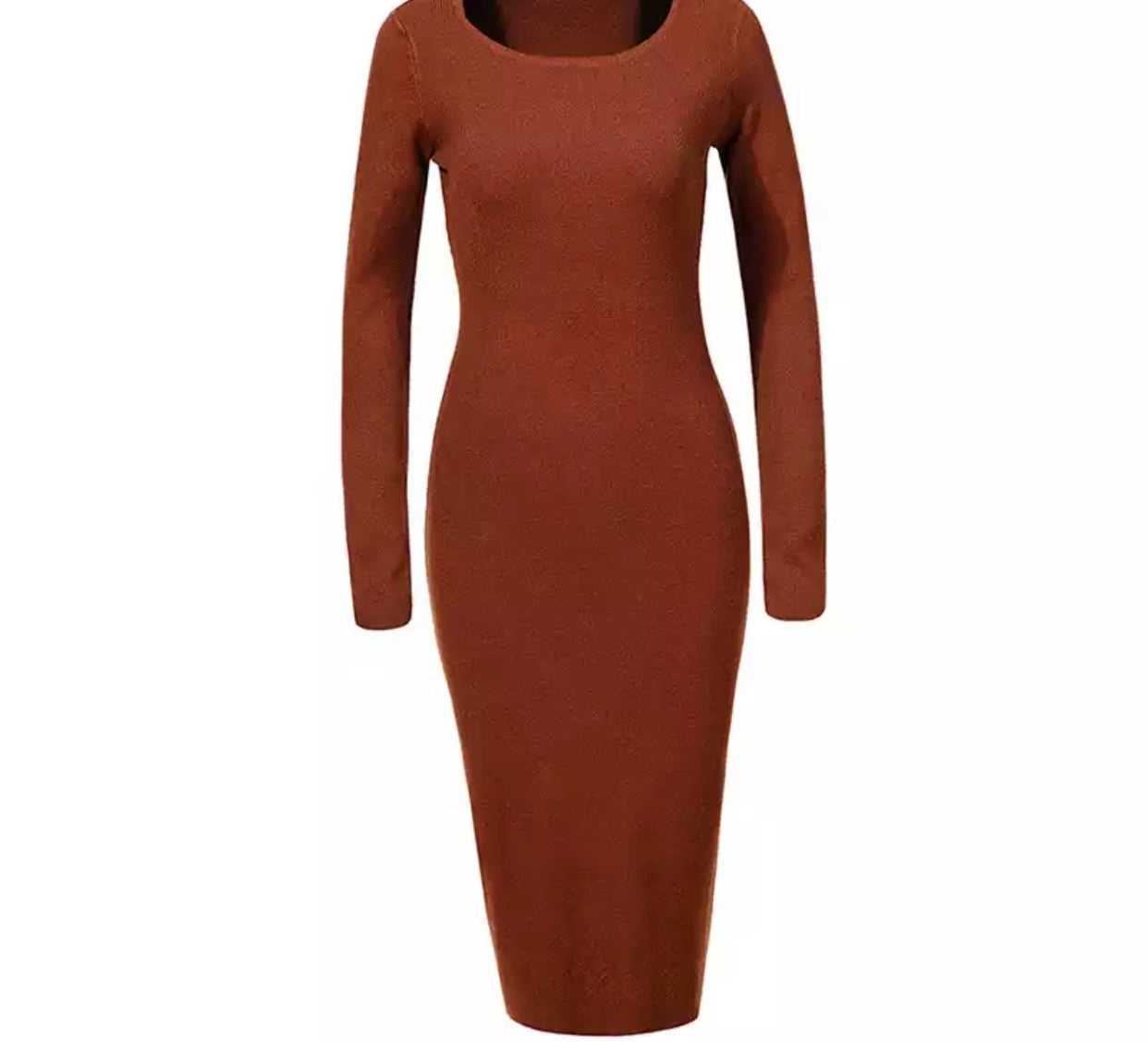 DARK RUST LONG SLV RIB BASIC MIDI DRESS