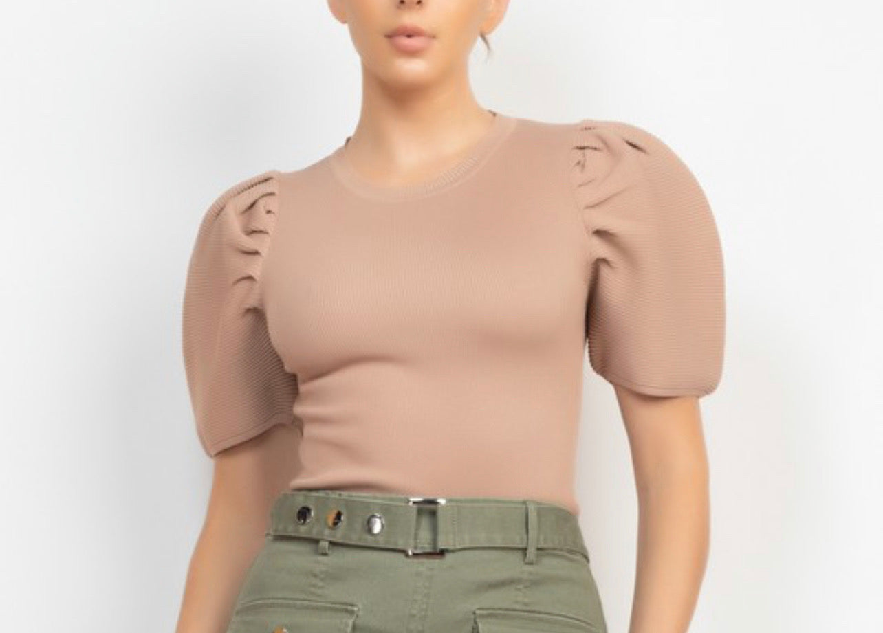 Ribbed Balloon Puff Sleeve Top