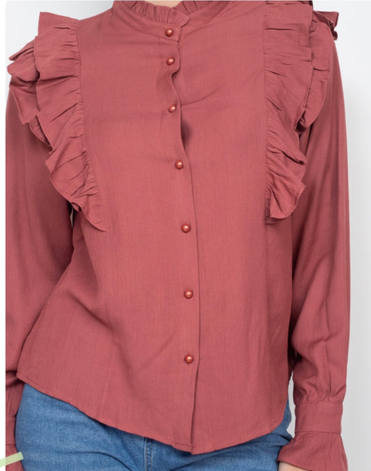 Brick Curved Hem Solid Ruffled Top