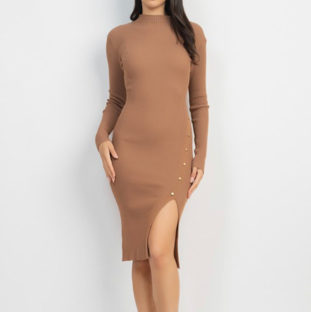 Button Trim Side Slit Mock Dress