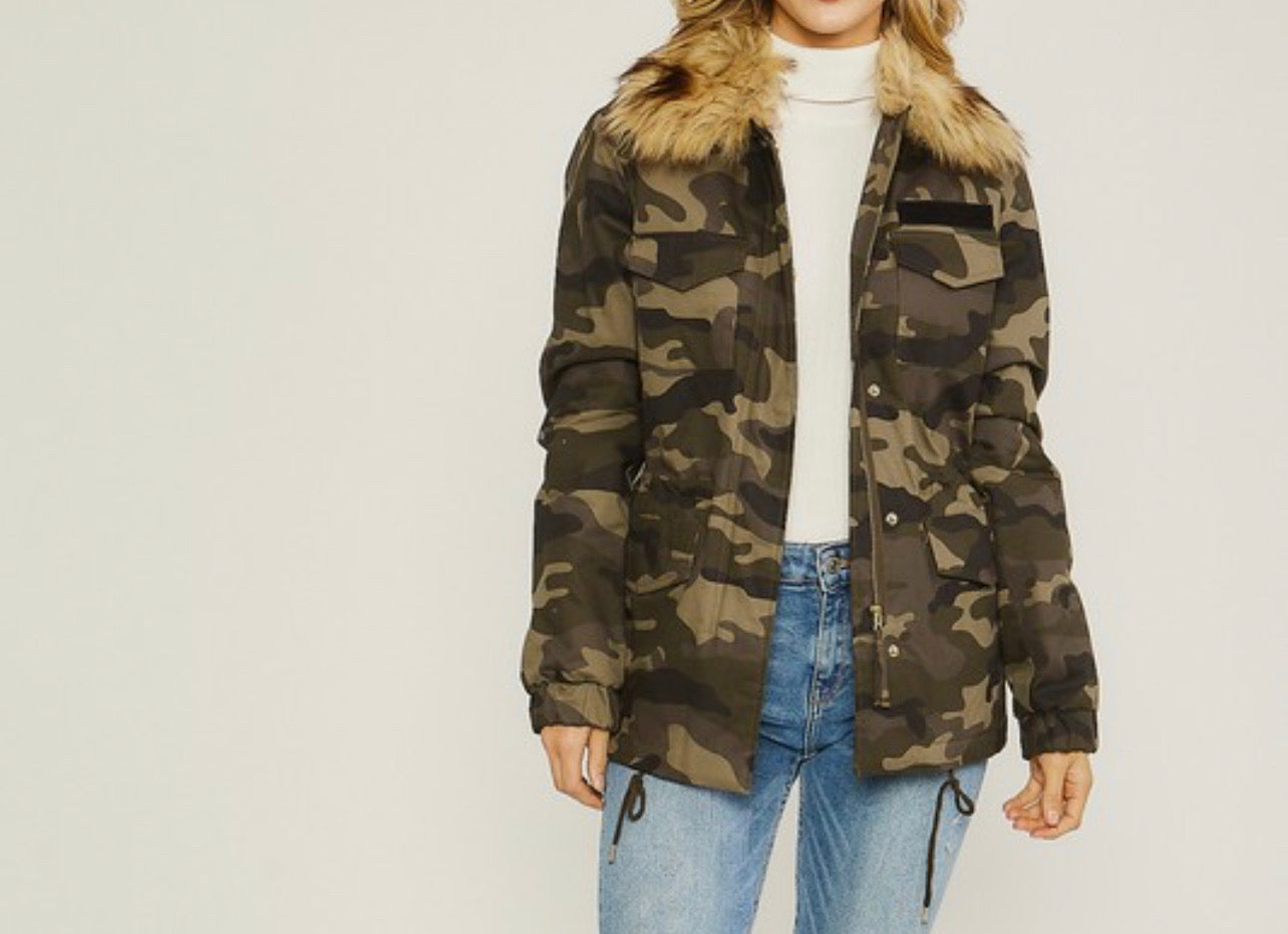 Camo Faux Fur Utility Anorak Jacket