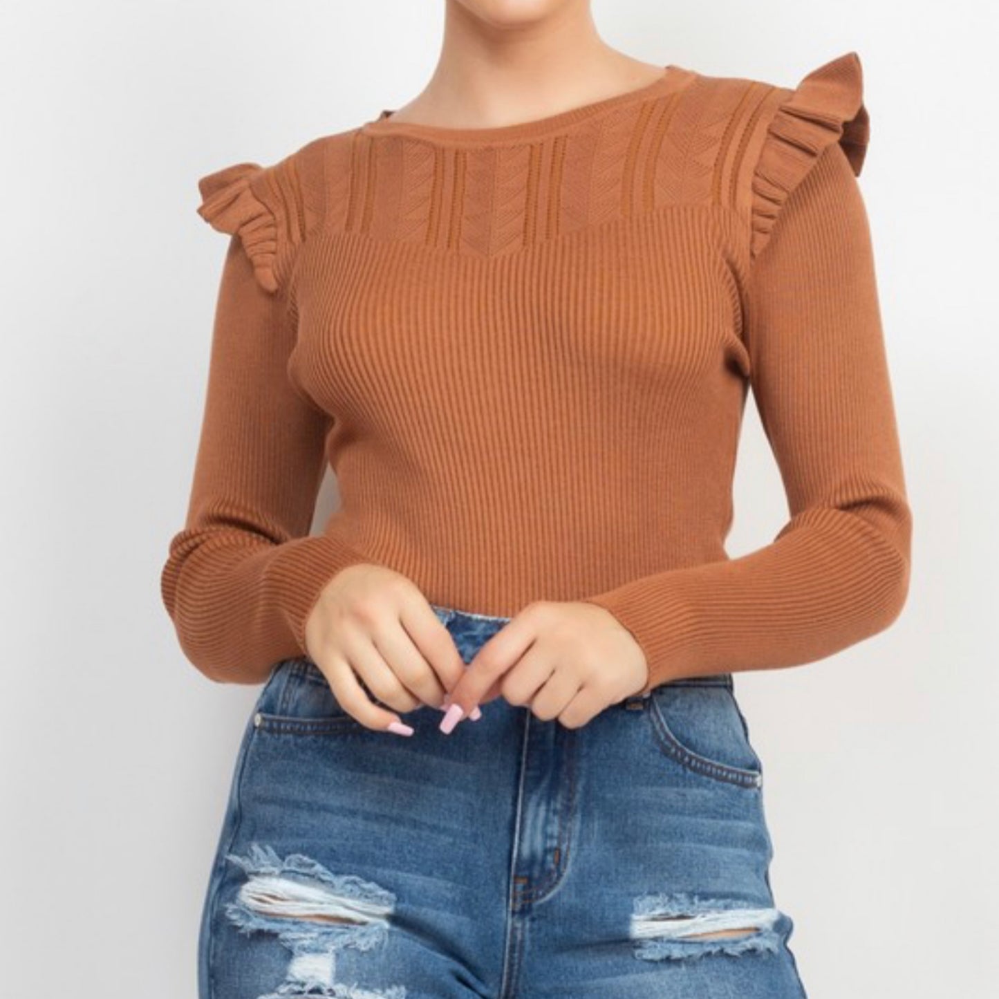 Ruffled Crew Neck Sweater Top