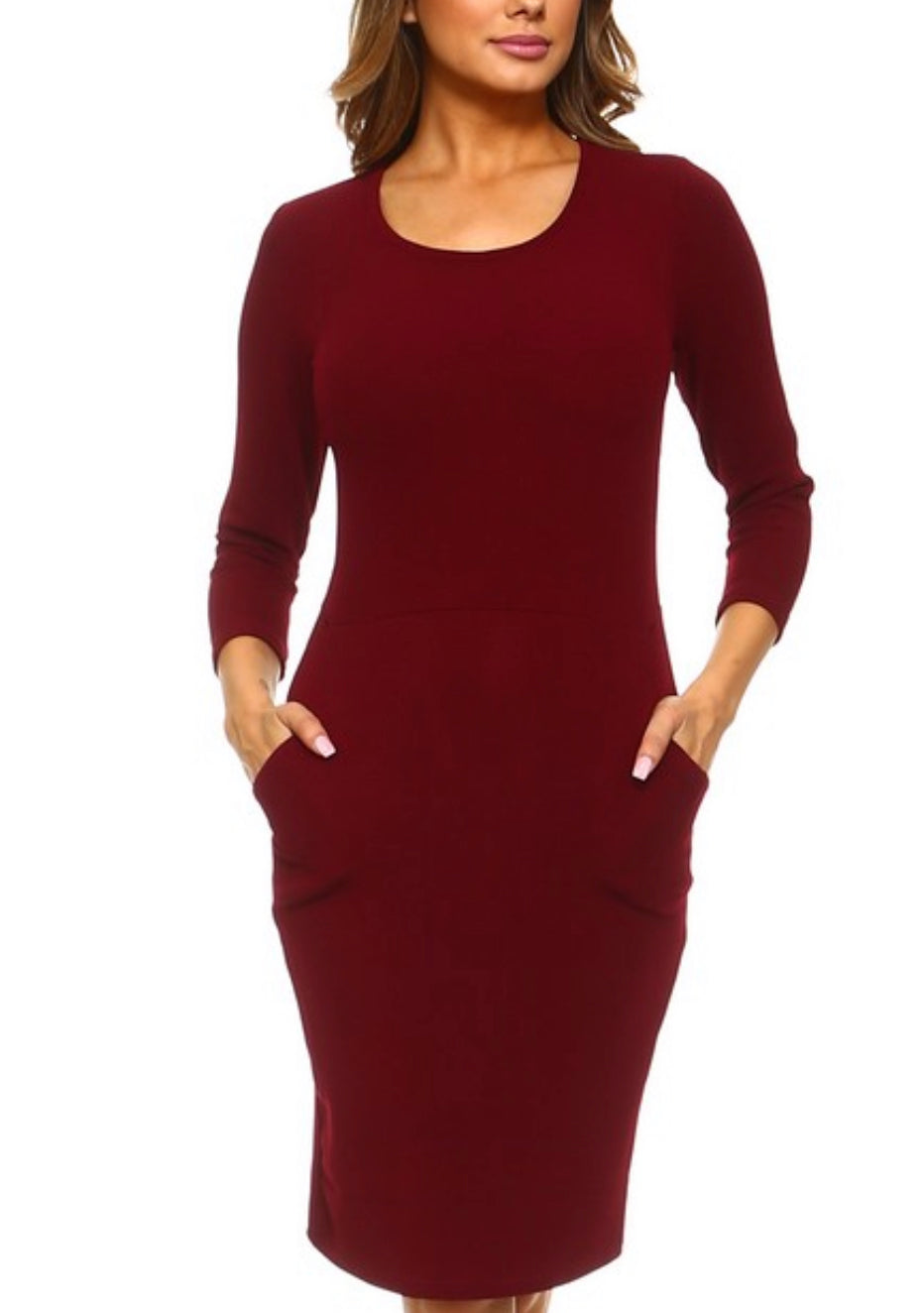 Lady's Kangaroo Pocket Solid Bodycon Dress - Wine Red