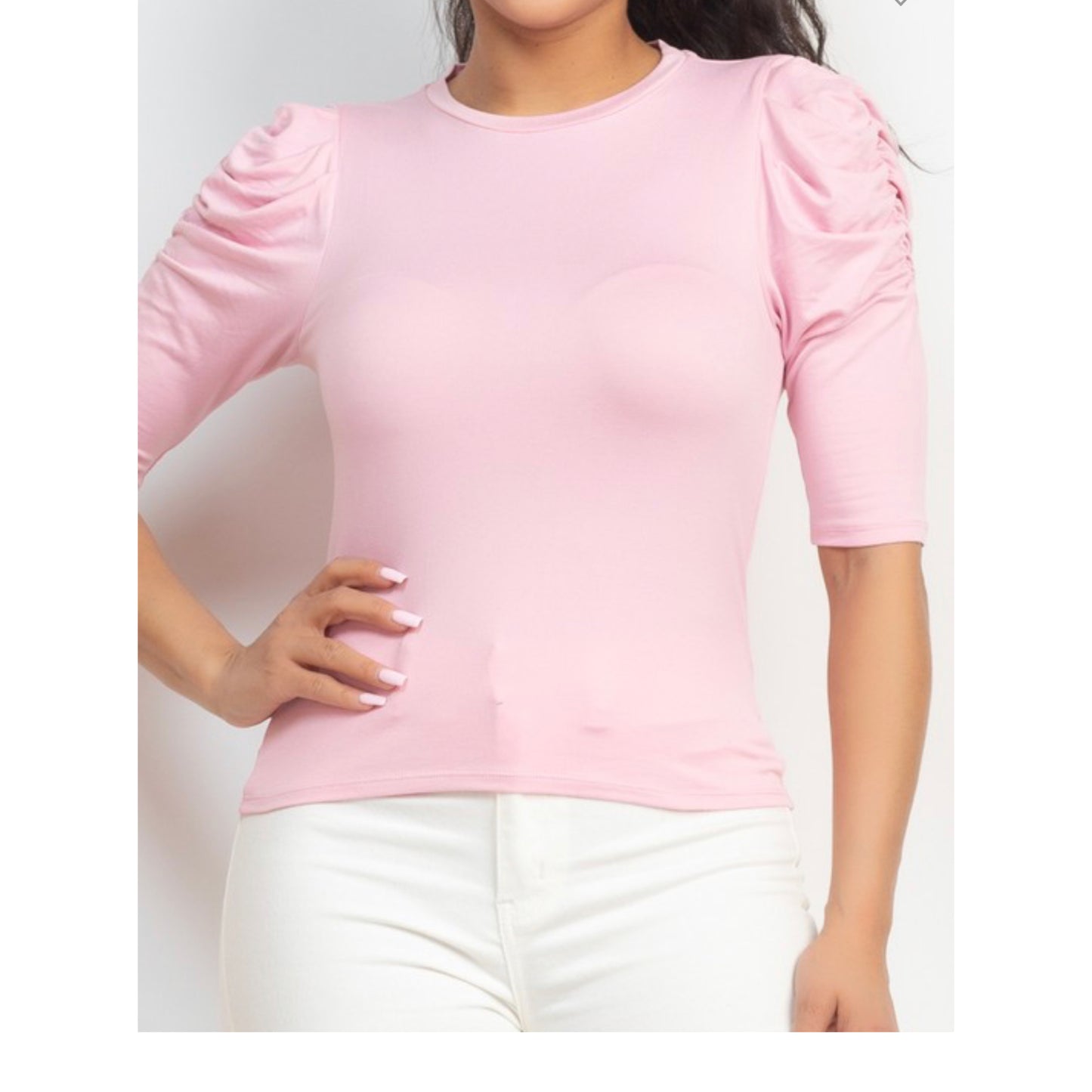 Round Neck Puff Ruched Sleeve Top