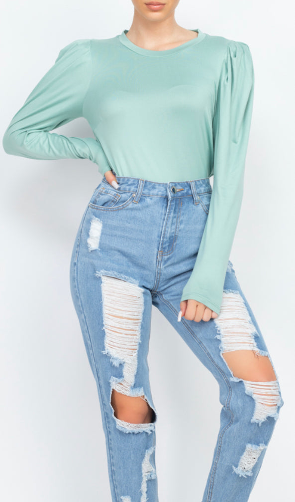 Light Sage Sheeny Solid Ruched Sleeves Top