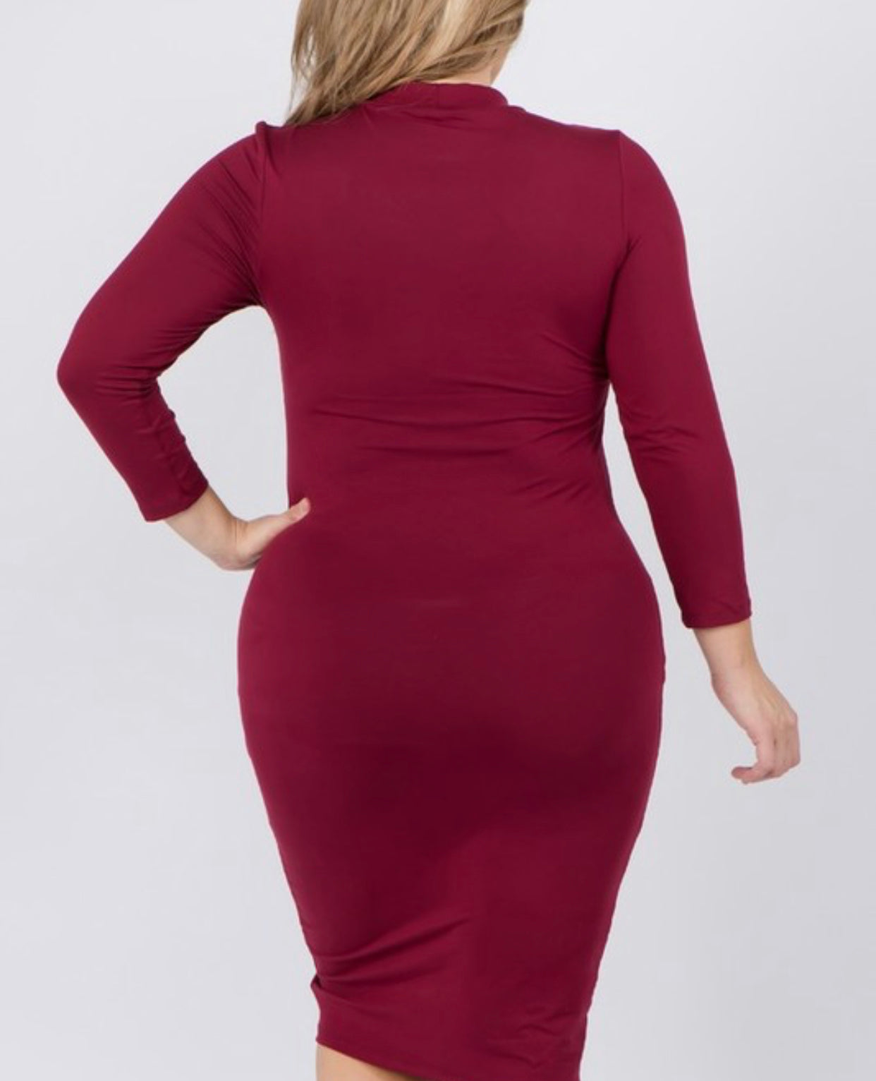 Burgundy Women's Mock Neck Midi Bodycon Dress