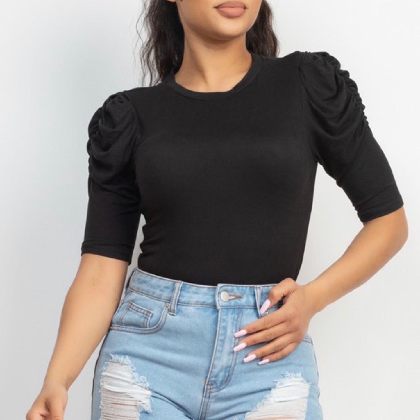 Round Neck Puff Ruched Sleeve Top