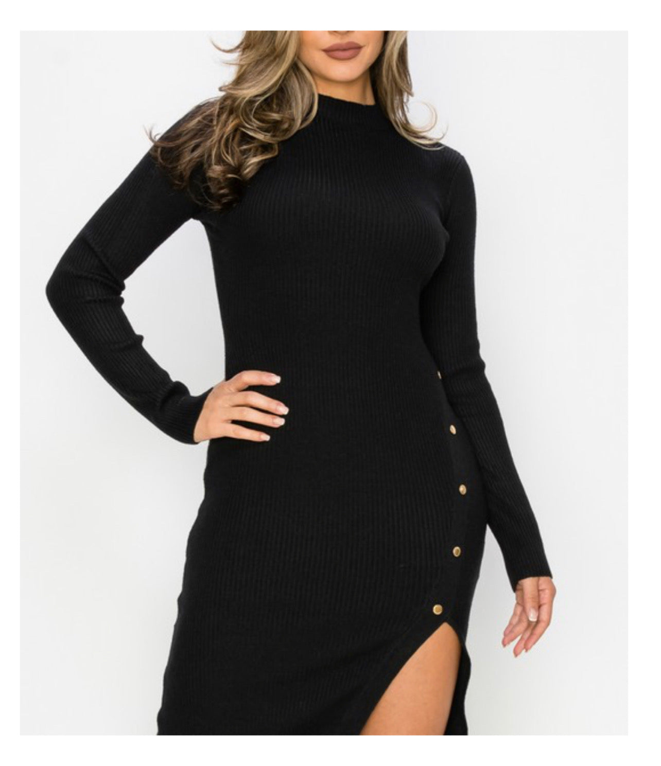 Button Trim Side Slit Mock Dress