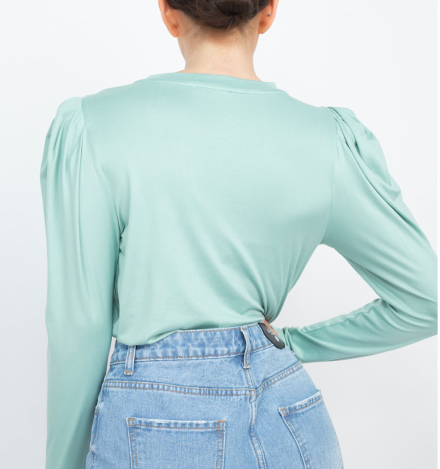 Light Sage Sheeny Solid Ruched Sleeves Top