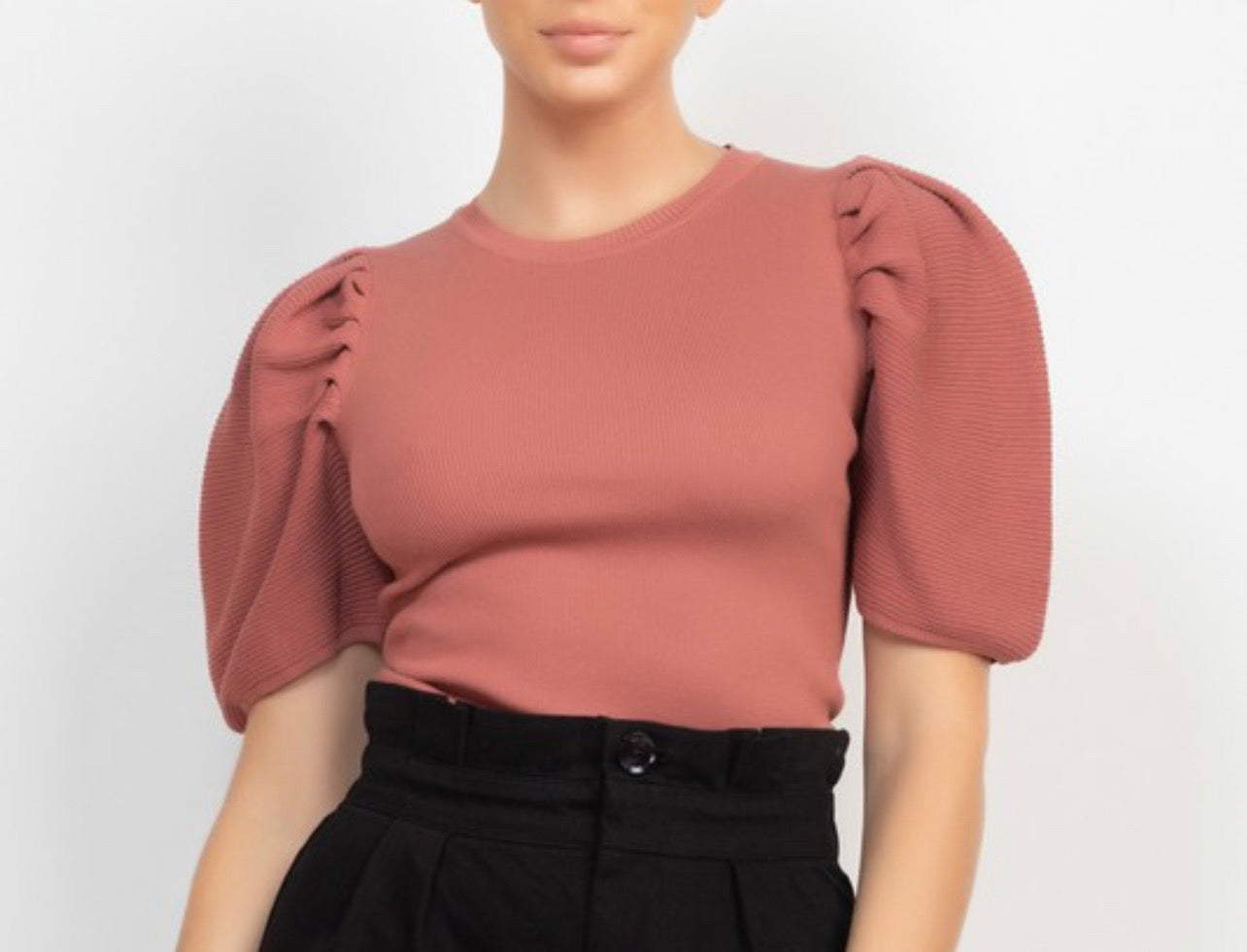 Ribbed Balloon Puff Sleeve Top