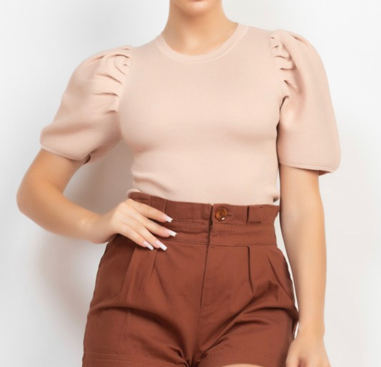 Ribbed Balloon Puff Sleeve Top