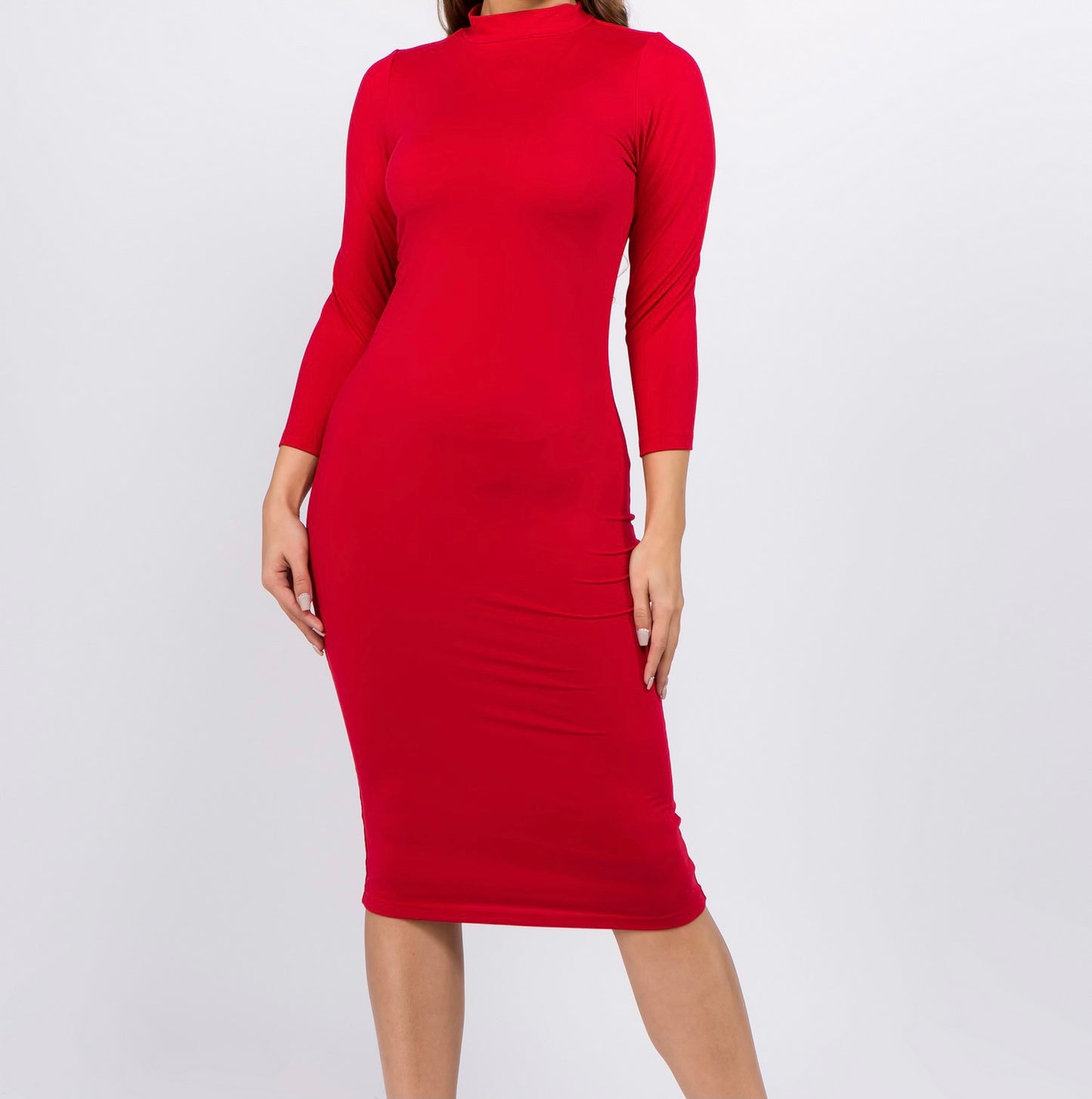 Red Women's Mock Neck Midi Dress